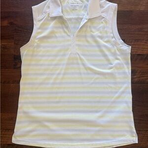 Pebble Beach White Polo Top with Pale Yellow & Light Gray Stripes
